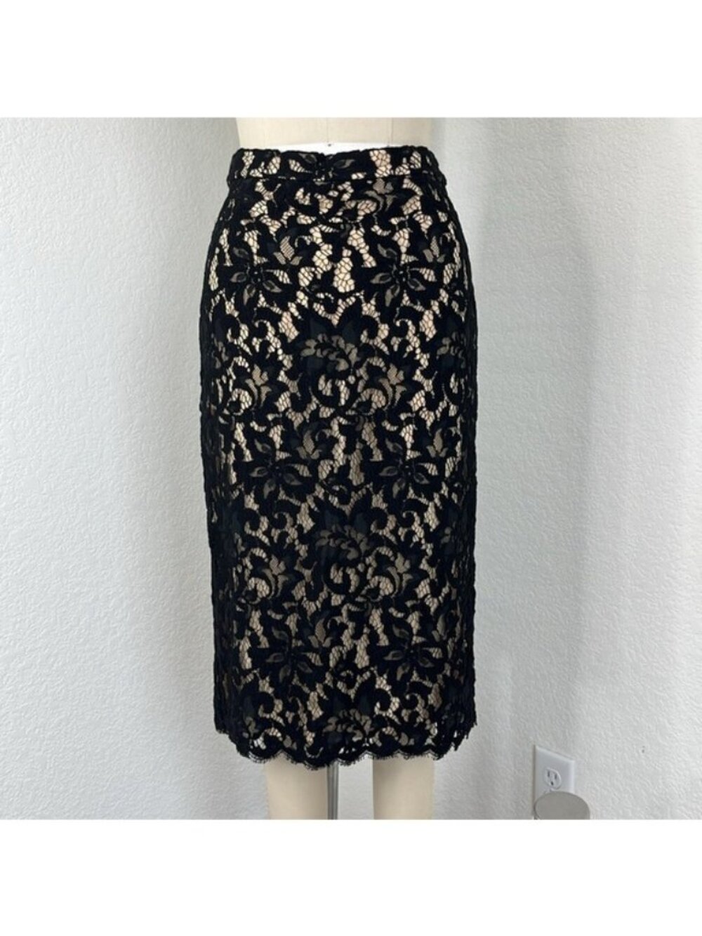 Celine Lace Pencil Skirt Midi Scalloped Eyelash Hem